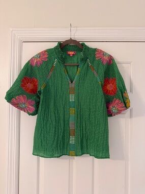 THML Green Short-Sleeve Embroidered Floral Blouse